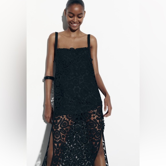 Zara MACRAMÉ KNIT DRESS. Black. Size S. New with Tags. - Picture 4 of 8